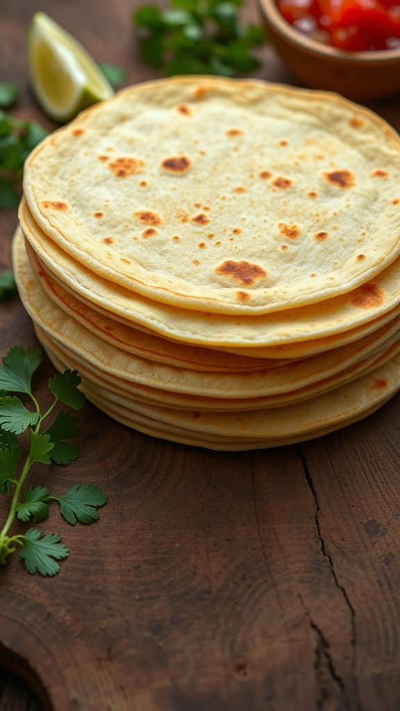 Freshly made corn tortillas stacked on a wooden table with cilantro and lime.